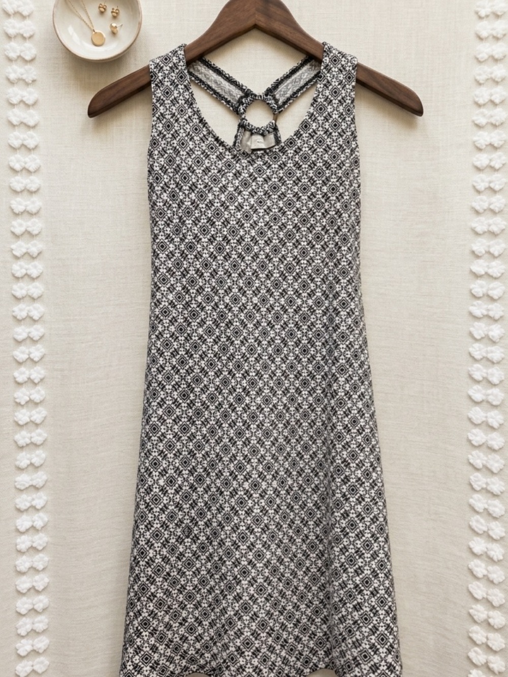 Sleeveless Black & White Geometric Mini Dress with Ring Back Detail